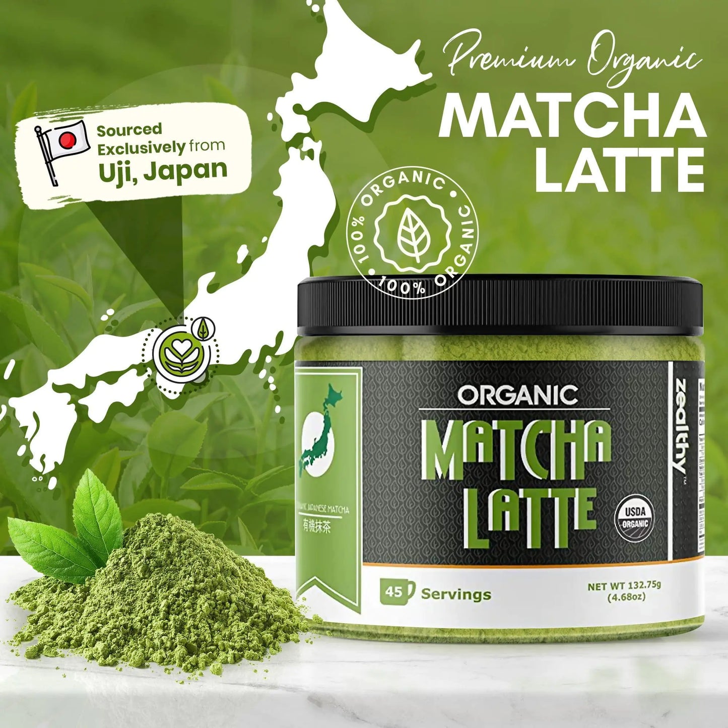 Organic Matcha Latte Pure Japanese Tea Blend with Ashwagandha Vanilla 4.68 oz
